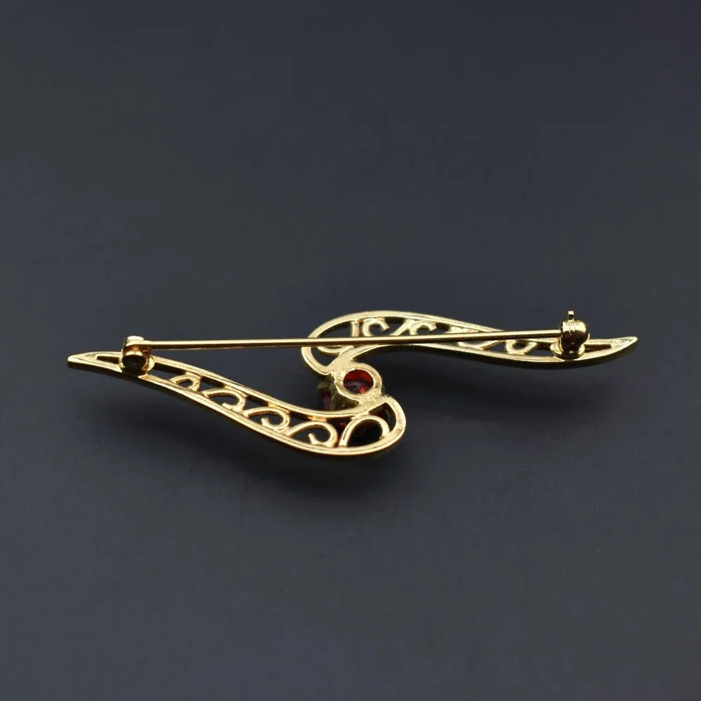 Red crystal brooch gold tone, small fancy rhinestone brooch